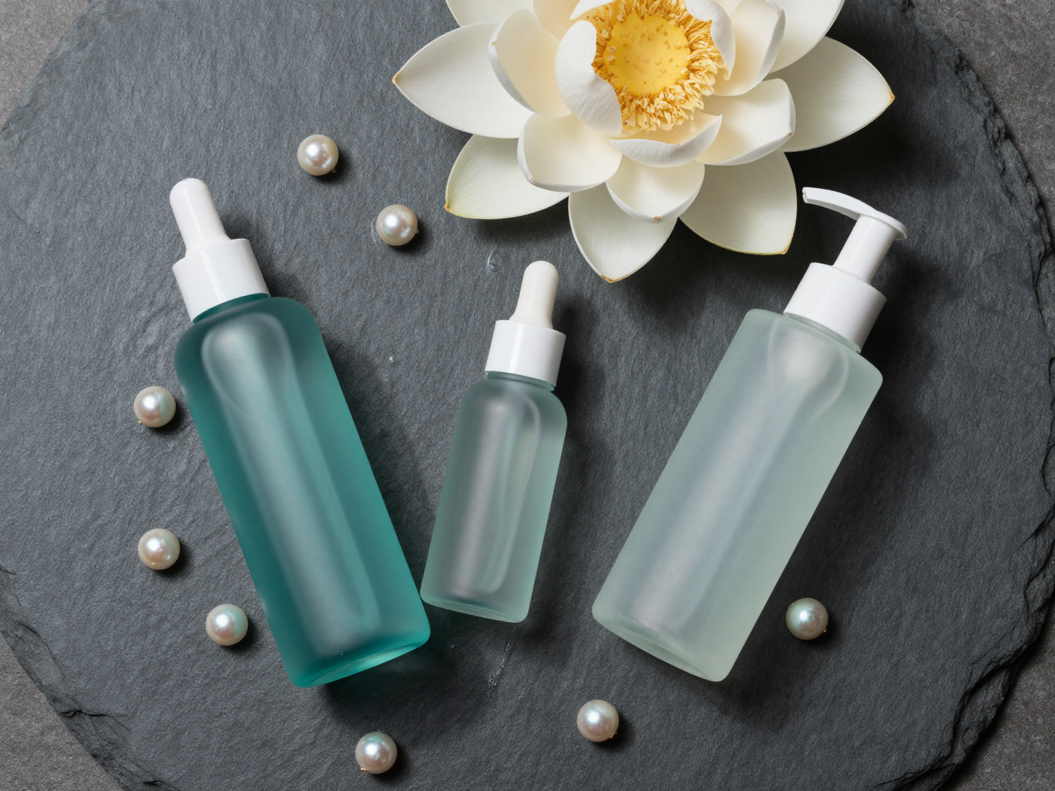 Olecea ritual flat-lay — lotus, pearls and frosted teal bottles on slate
